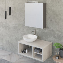 Carica l'immagine nel visualizzatore di Gallery, Mobile Bagno Sospeso 80cm Effetto Cemento Grigio Cielo Con Ripiano A Destra E Specchiera DOMINO