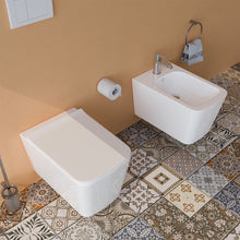 Carregar imagem no visualizador da galeria, Par de vaso sanitário e bidê suspensos em cerâmica branca, sem aro, quadrados, Marina