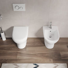 Carregar imagem no visualizador da galeria, Louças sanitárias embutidas na parede com acabamento branco brilhante e assento com fecho suave