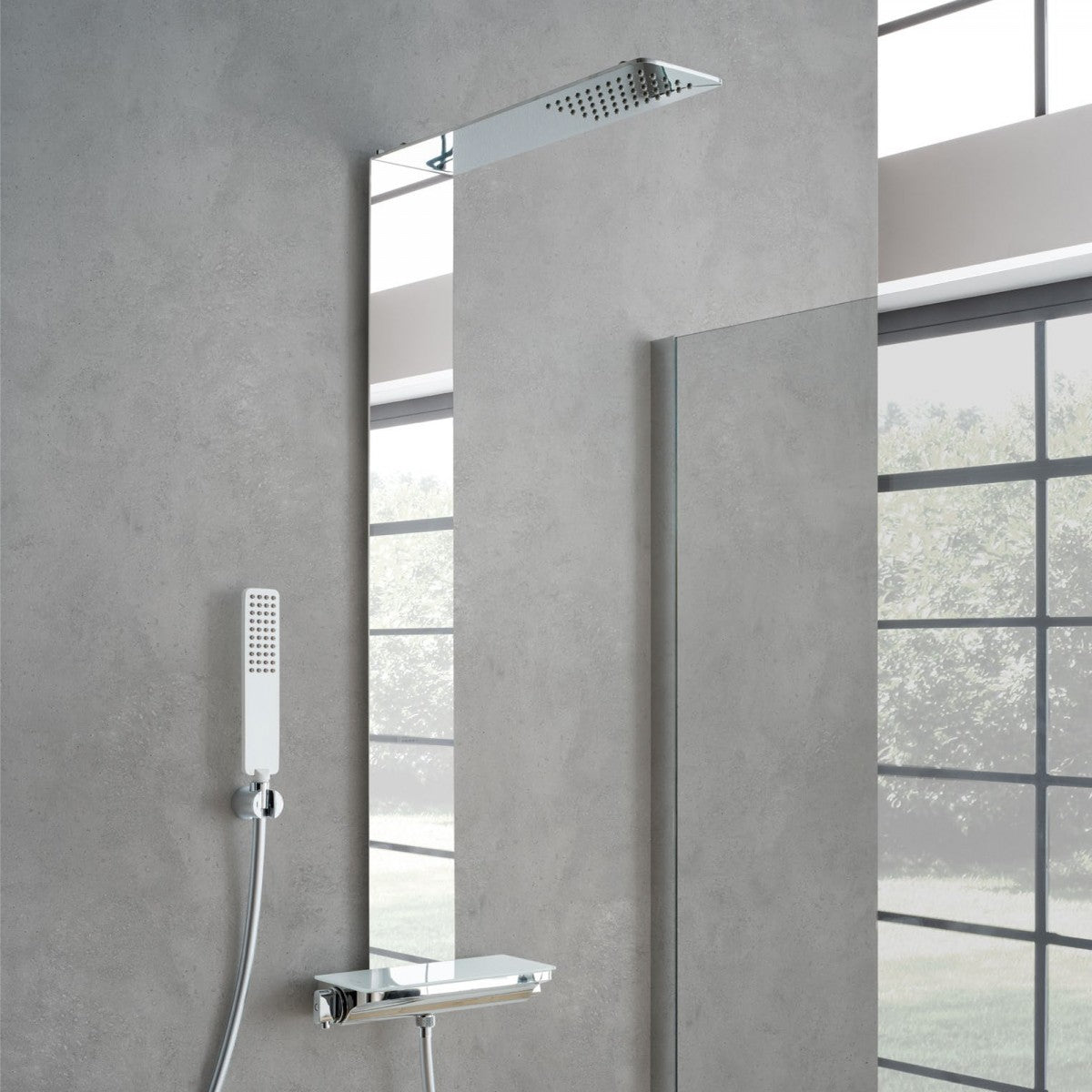 Colonna Doccia PIEMONTE In Acciaio Inox Effetto Specchio Silver Con Mensola