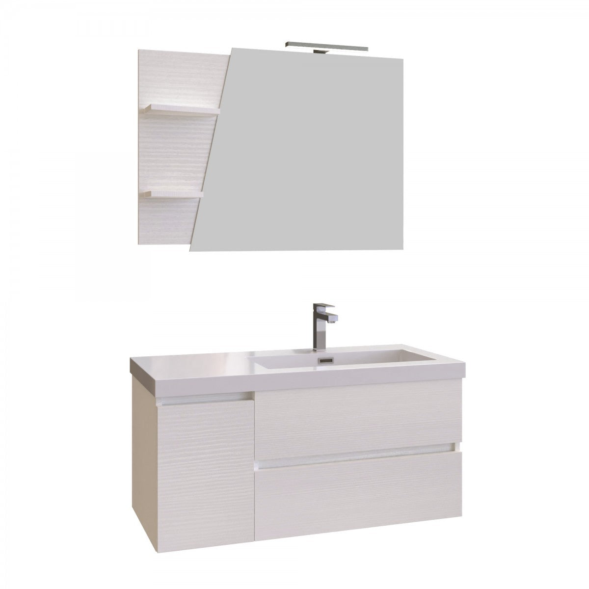 Mobile Bagno Sospeso Bianco 100 Specchio Mensole Lampada MOOD-100