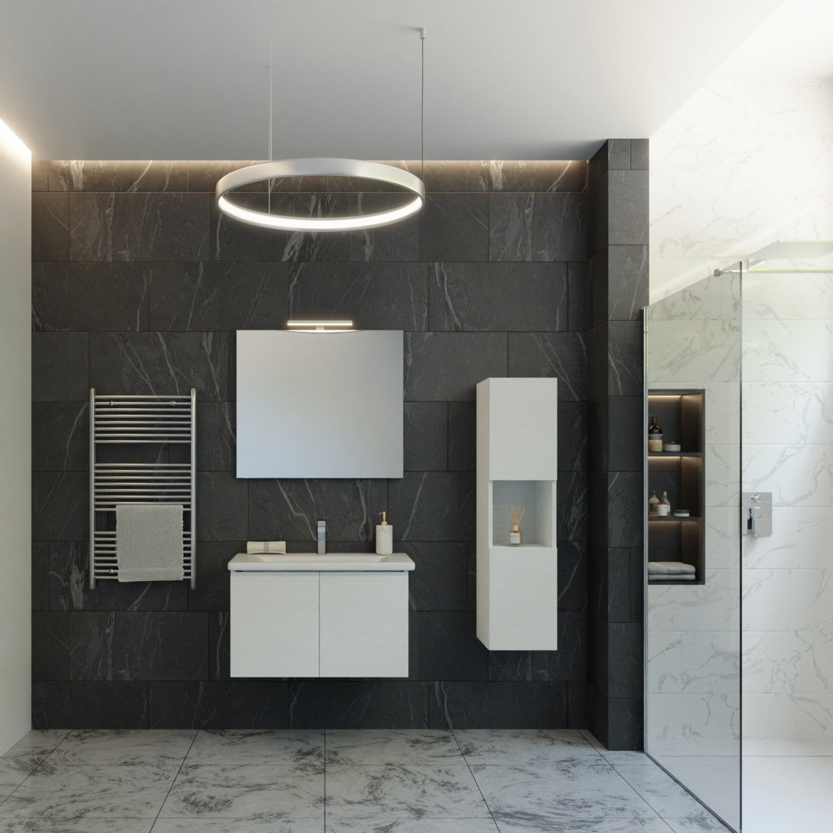 Móvel de banheiro suspenso de 80 cm em lariço branco com coluna DUO-219C-BL 