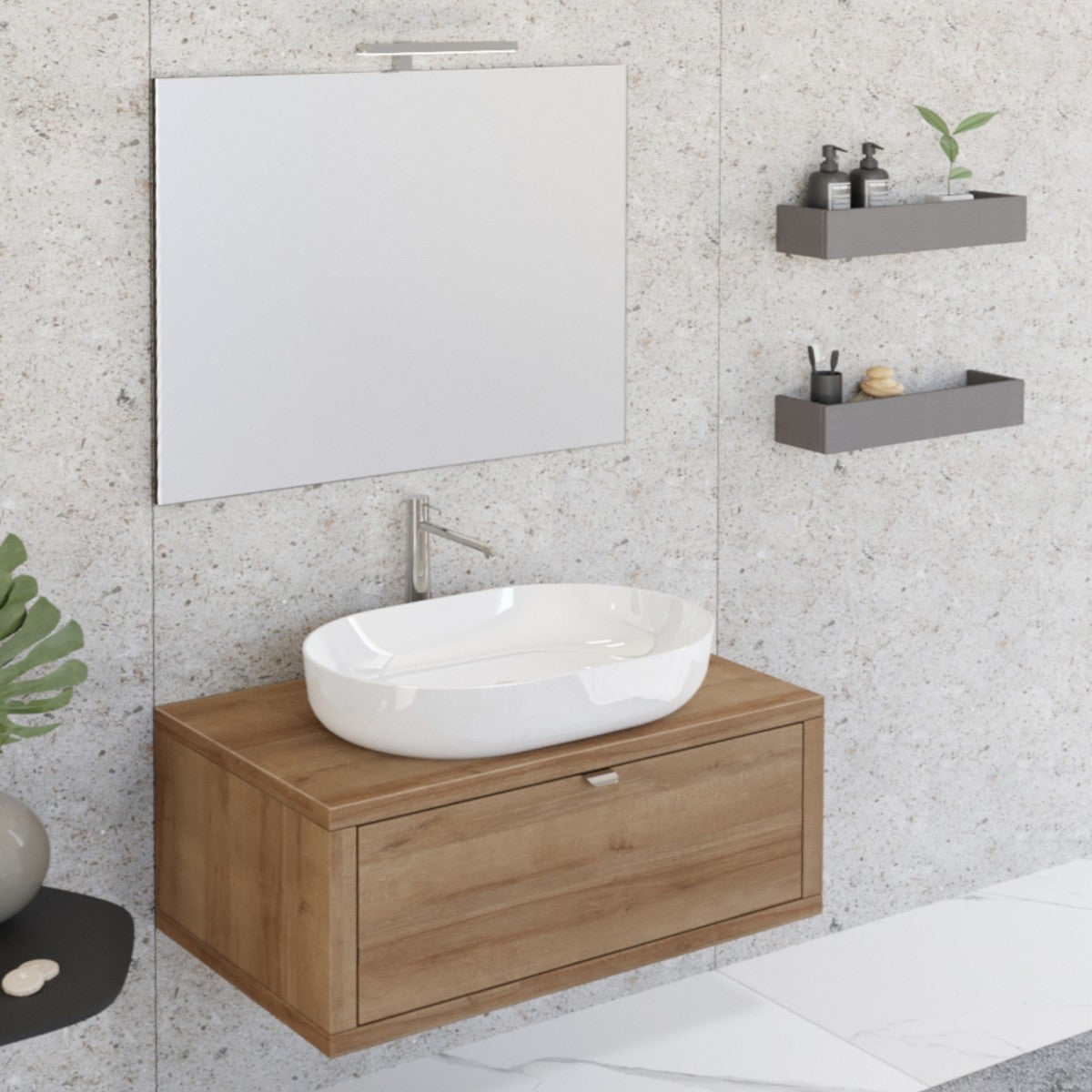 Mobile Bagno Sospeso 80cm Rovere Farnia Con Specchio DOMINO