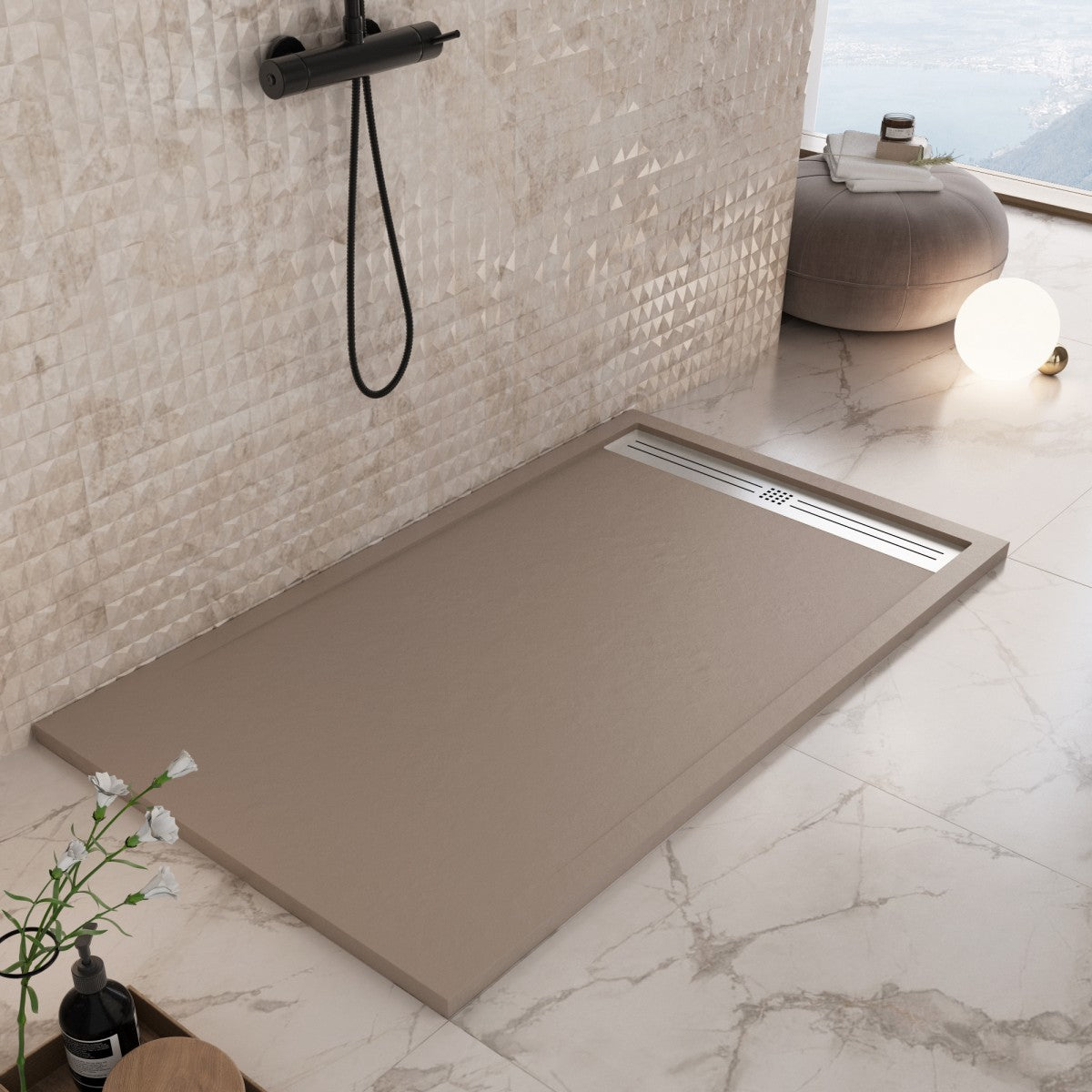 Base de chuveiro RELAX em resina de mármore cinza Dove com efeito de pedra-cimento 