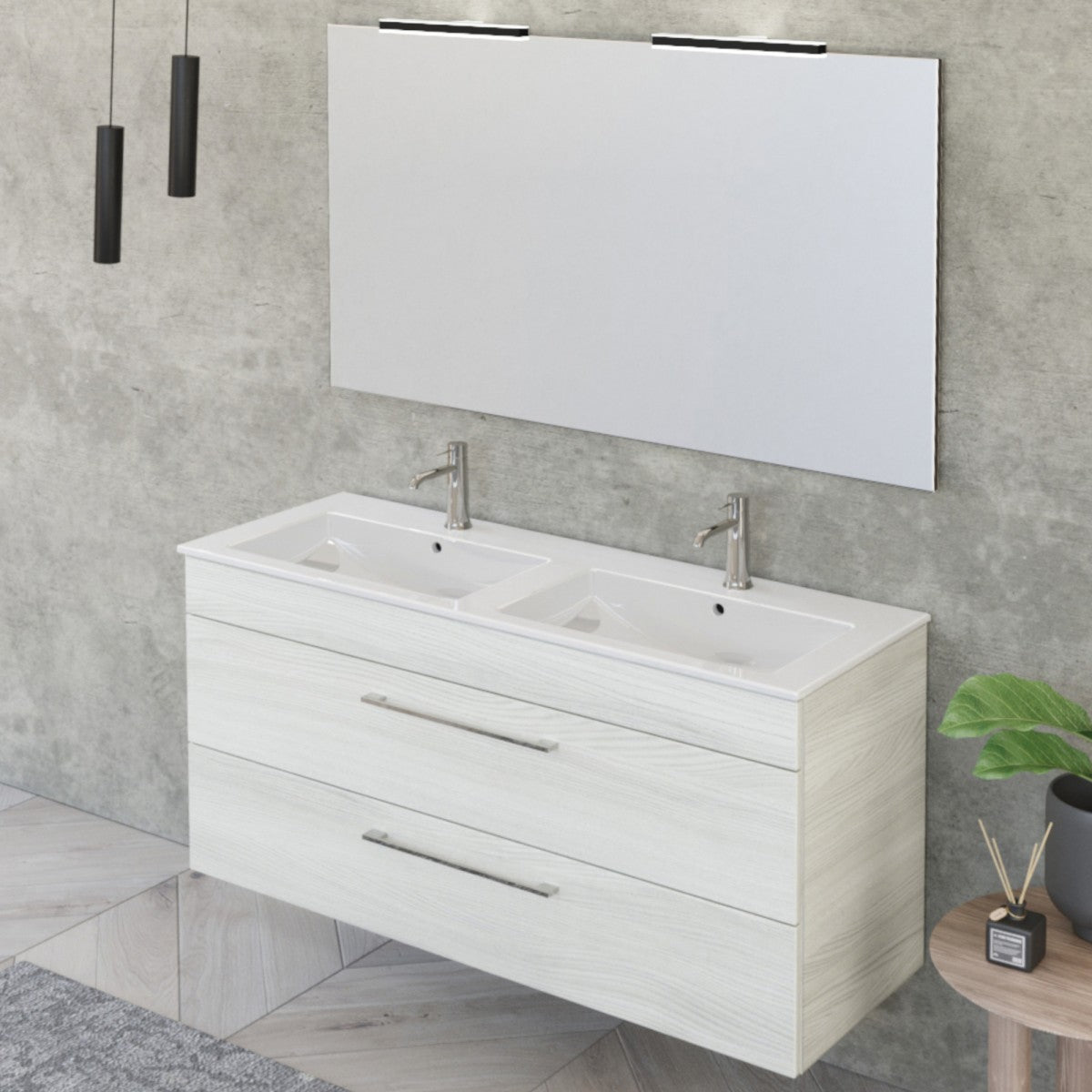 Armário de banheiro suspenso de 118 cm com espelho de olmo branco EASY 