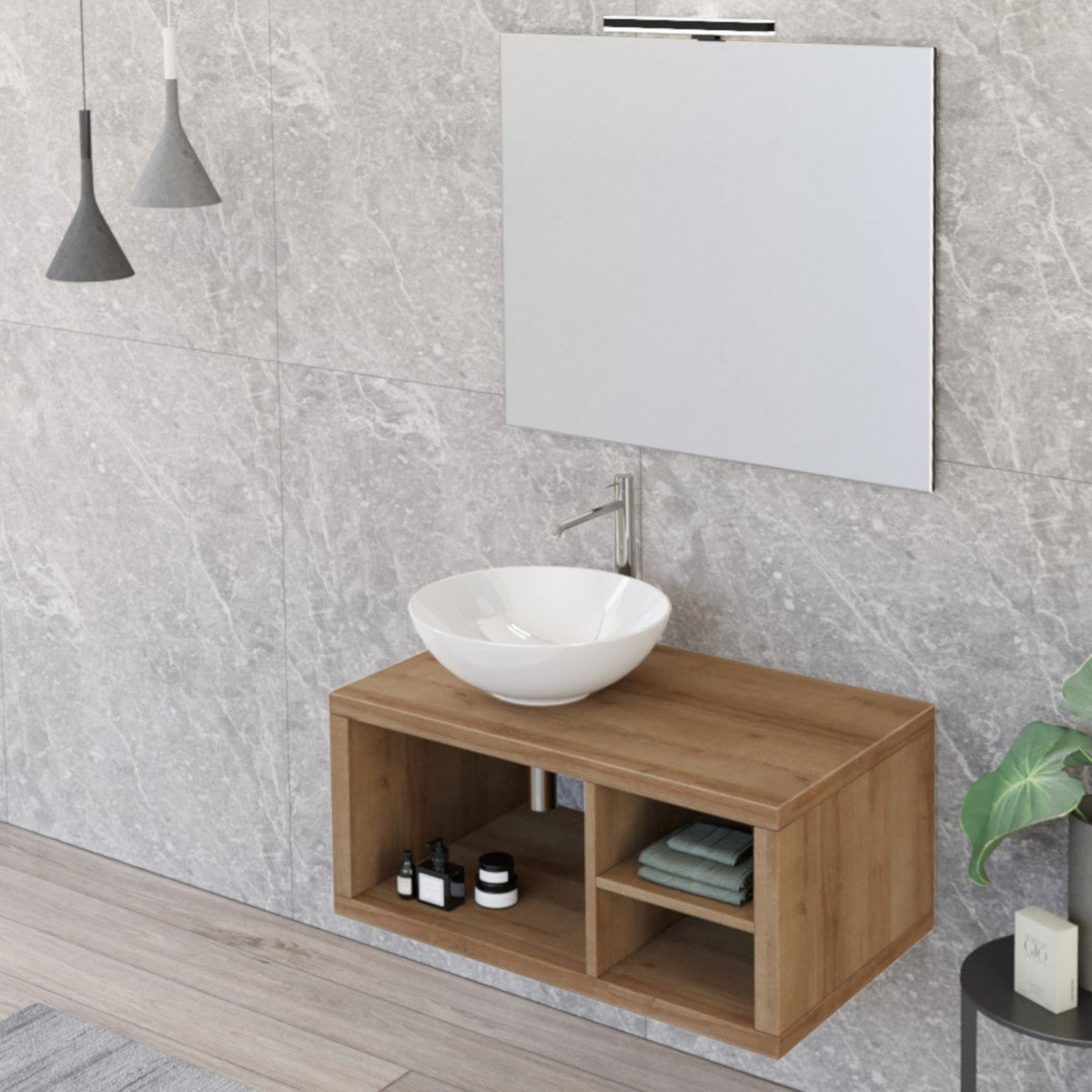 Mobile Bagno Sospeso 80cm Rovere Farnia Con Ripiano A Destra E Specchio DOMINO