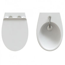 Carica l&#39;immagine nel visualizzatore di Gallery, Coppia Sanitari Sospesi Colore Bianco Serie Comfy Wc rimless con coprivaso slim rallentato e bidet monoforo sospesi per installazione a muro serie Comfy
