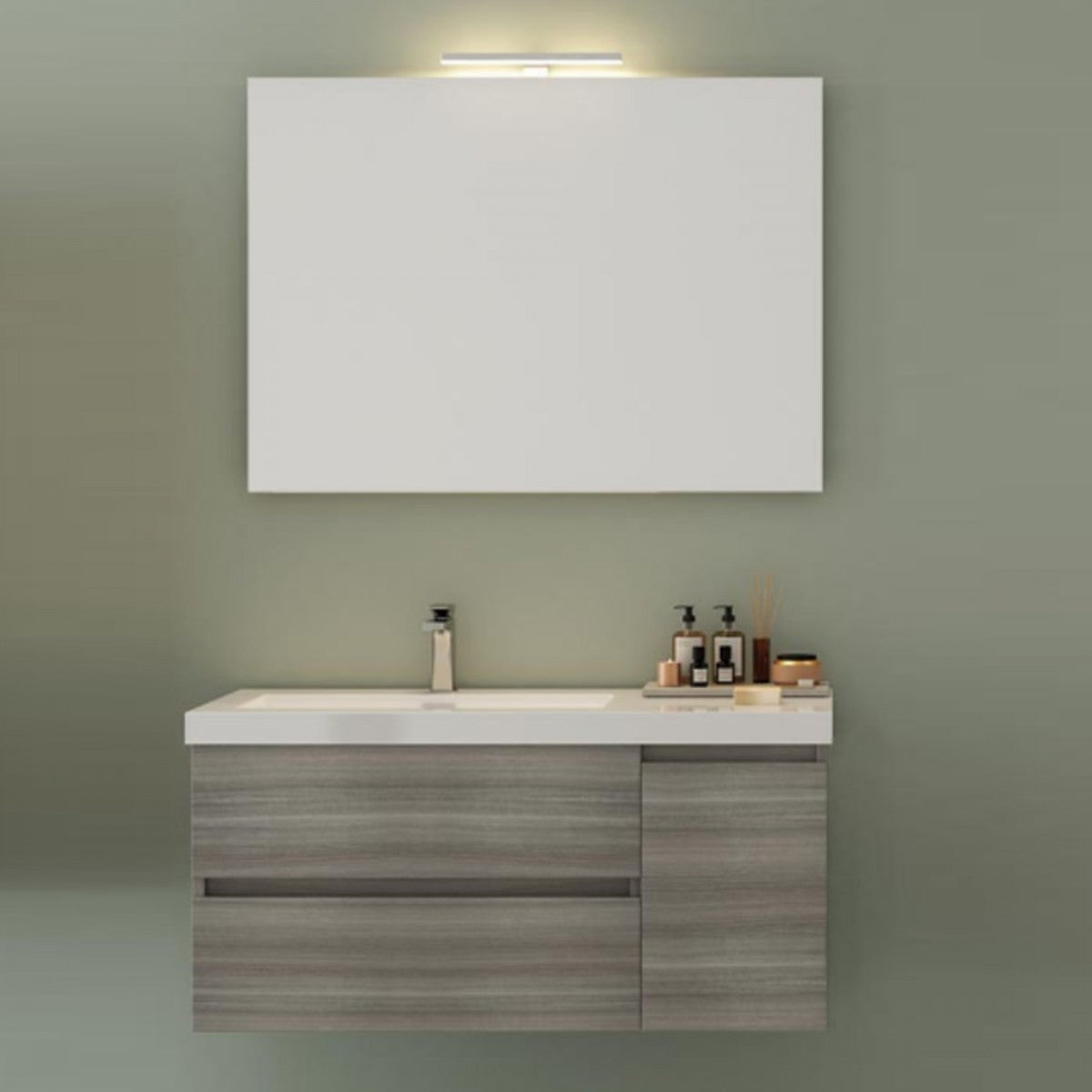 Armário de banheiro suspenso MOOD-100 cinza eucalipto, 100 cm, duas gavetas e porta