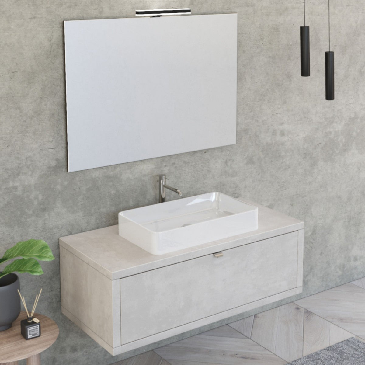 Mobile Bagno Sospeso 110cm Effetto Cemento Grigio Cielo Con Specchio DOMINO