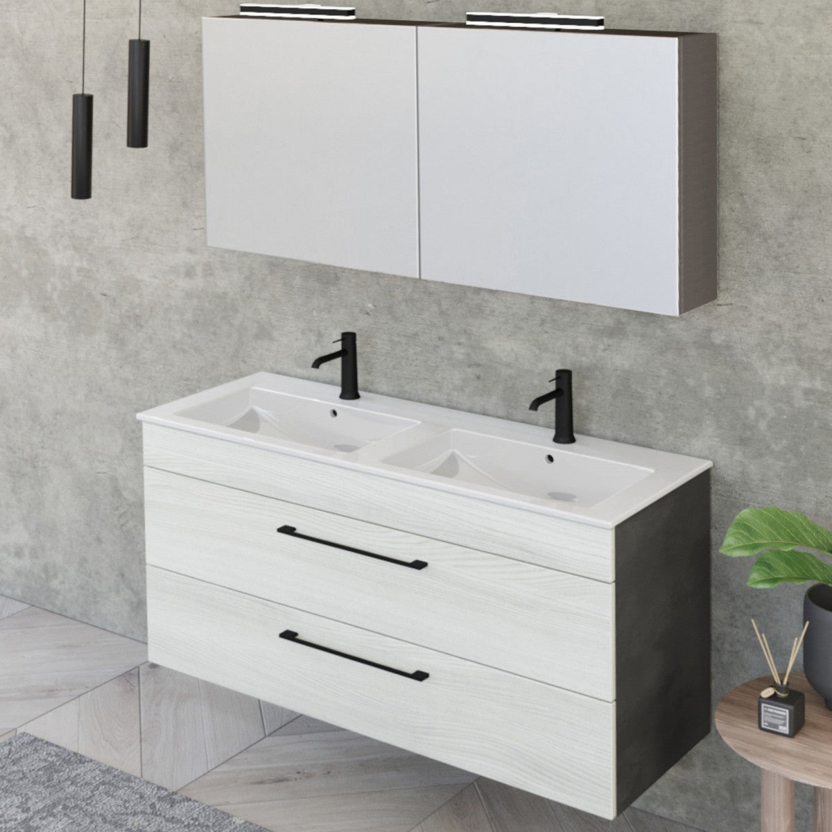 Armário de banheiro suspenso de 118 cm com espelho em olmo branco e pedra lava EASY 